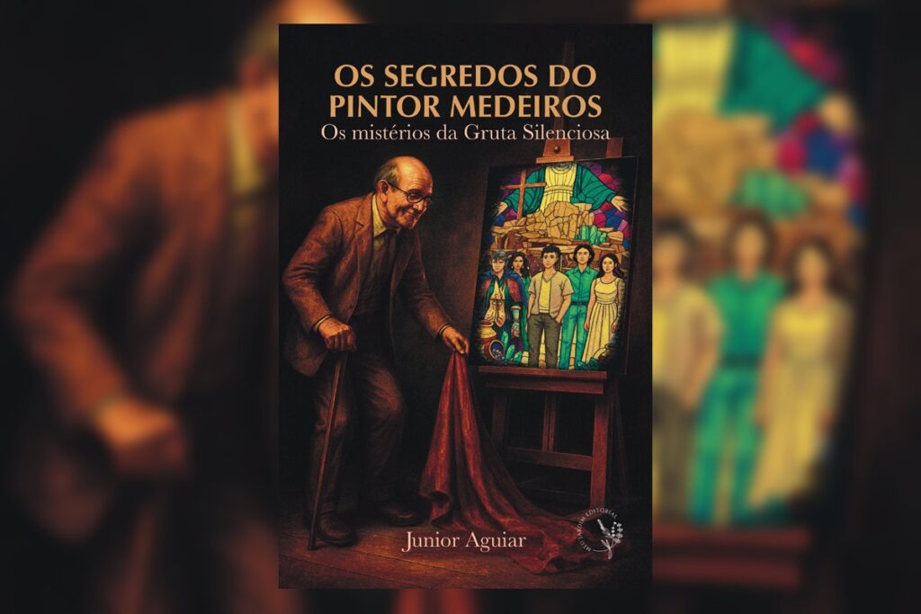 Capa do livro "Os segredos do pintor Medeiros", com a ilustração de um homem de meia-idade, usando bengala, tirando um pano que cobria um quadro colorido 