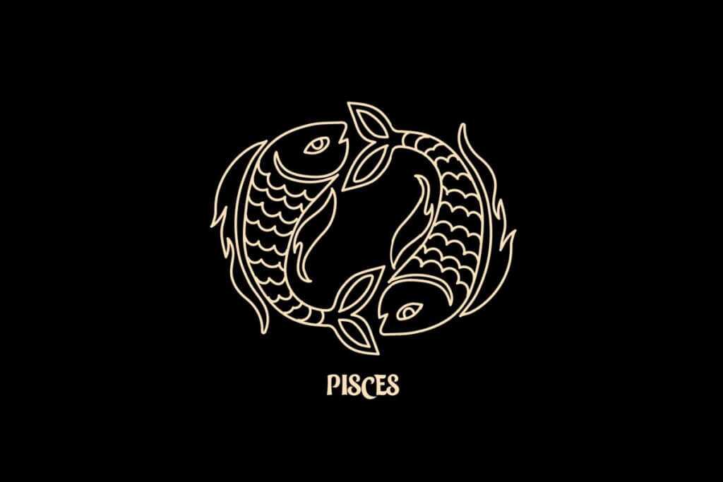 Ilustração em estilo de arte de linha bege sobre um fundo preto, representando o signo astrológico de Peixes. A imagem retrata dois peixes estilizados com escamas detalhadas, posicionados de forma circular e nadando em direções opostas. Abaixo do desenho, está escrita a palavra "PISCES" em uma fonte estilizada.