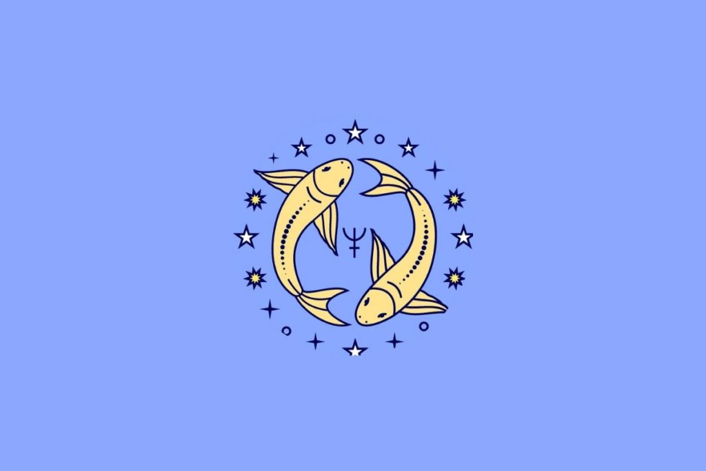 imagem do signo de Peixes em fundo lilás, com ilustração central delicada e estilizada. O desenho remete aos peixes, símbolo do signo, em um visual suave e moderno, com cores claras e estética uniforme.