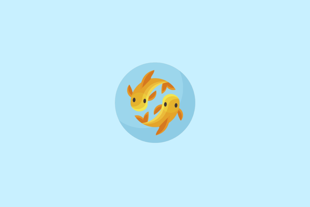 Ilustração estilizada de dois peixes amarelos nadando em direções opostas em formato circular, inserida em um círculo azul-claro sobre um fundo azul ainda mais claro.