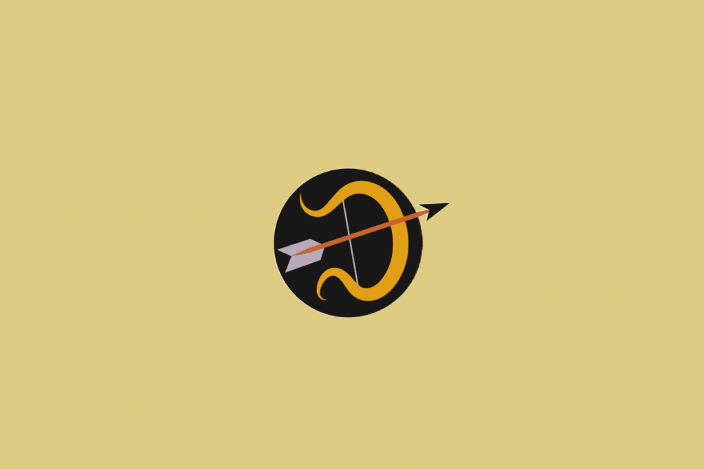 Ilustração estilizada de um arco dourado tensionado com uma flecha atravessada, inseridos em um círculo preto sobre um fundo amarelo-claro.