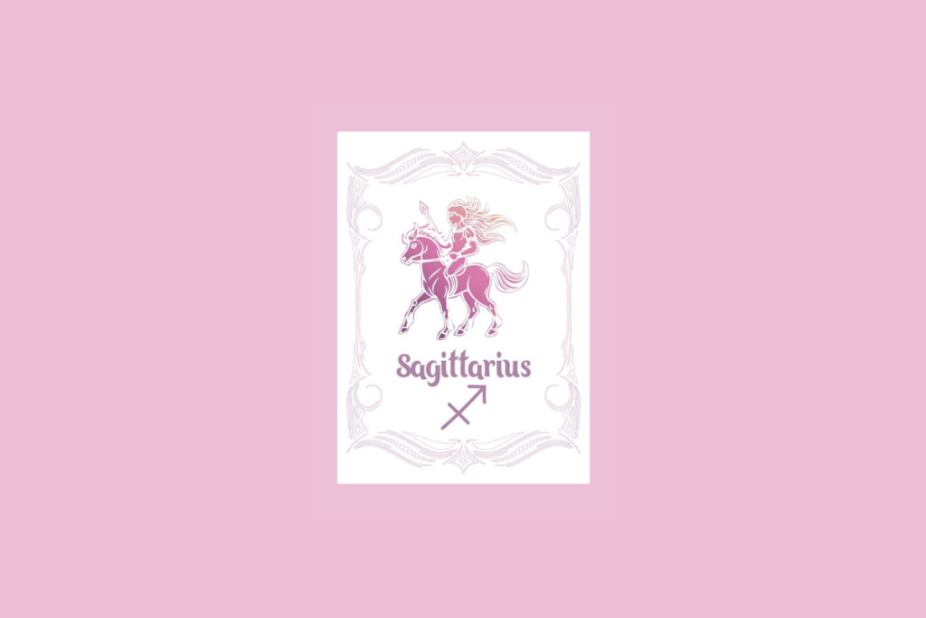 Um cartão branco com uma moldura ornamentada em rosa claro contém a ilustração de um centauro com um gradiente de roxo a laranja, e o texto "Sagittarius" acima do símbolo do centauro, tudo sobre um fundo rosa sólido.