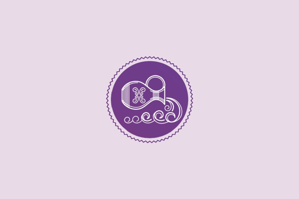 Ilustração de um círculo roxo com desenho de um jarro no centro, representando o signo de aquário, sobre fundo lilás
