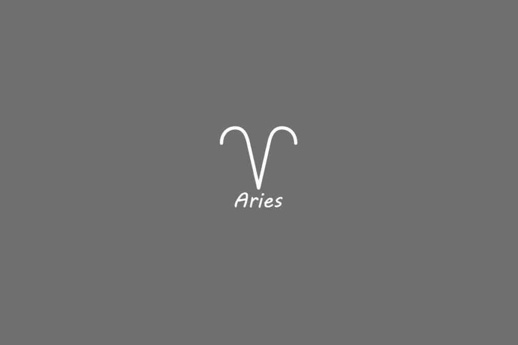 Símbolo do signo de áries, na cor banca, centralizado em um fundo cinza e com o nome embaixo