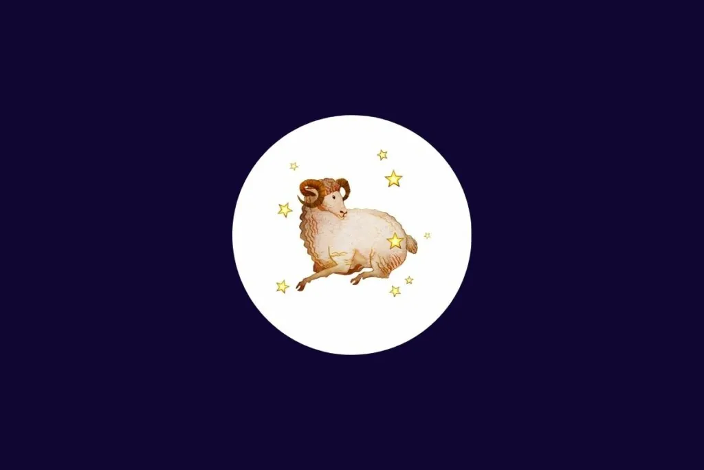 Ilustração do signo de áries em tons de bege em um círculo branco sobre um fundo azul-escuro