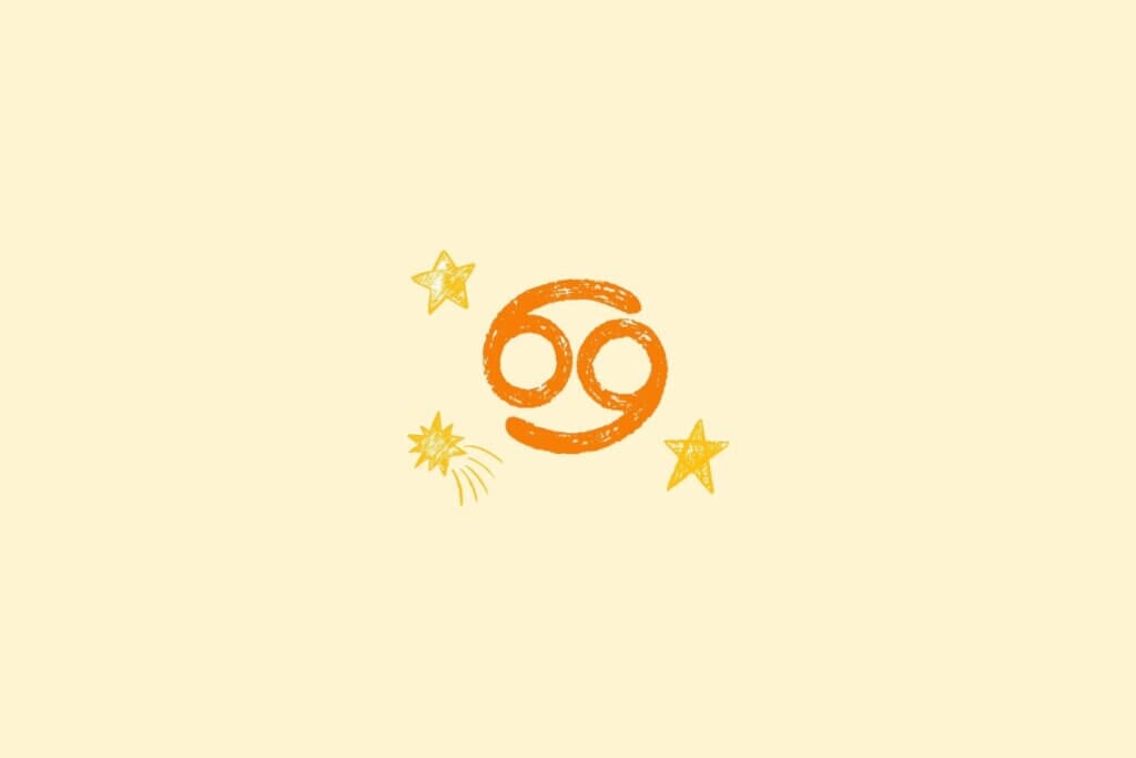 Ilustração do signo de câncer na cor laranja, centralizado em um fundo amarelo, e rodeado por estrelas