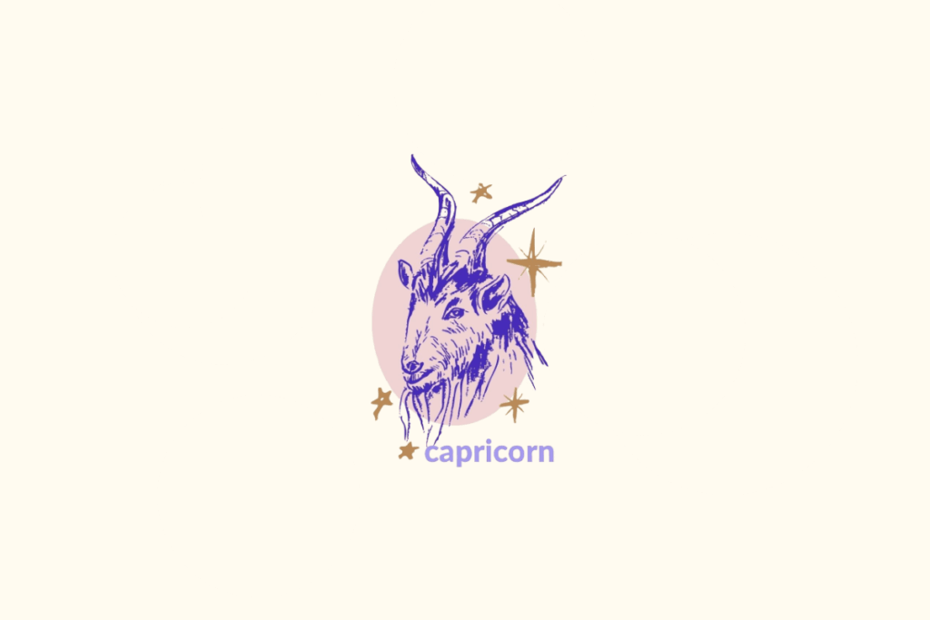Ilustração de um carneiro dentro de um círculo rosa representando o signo de capricórnio. Nome do signo abaixo e estrelas douradas ao redor