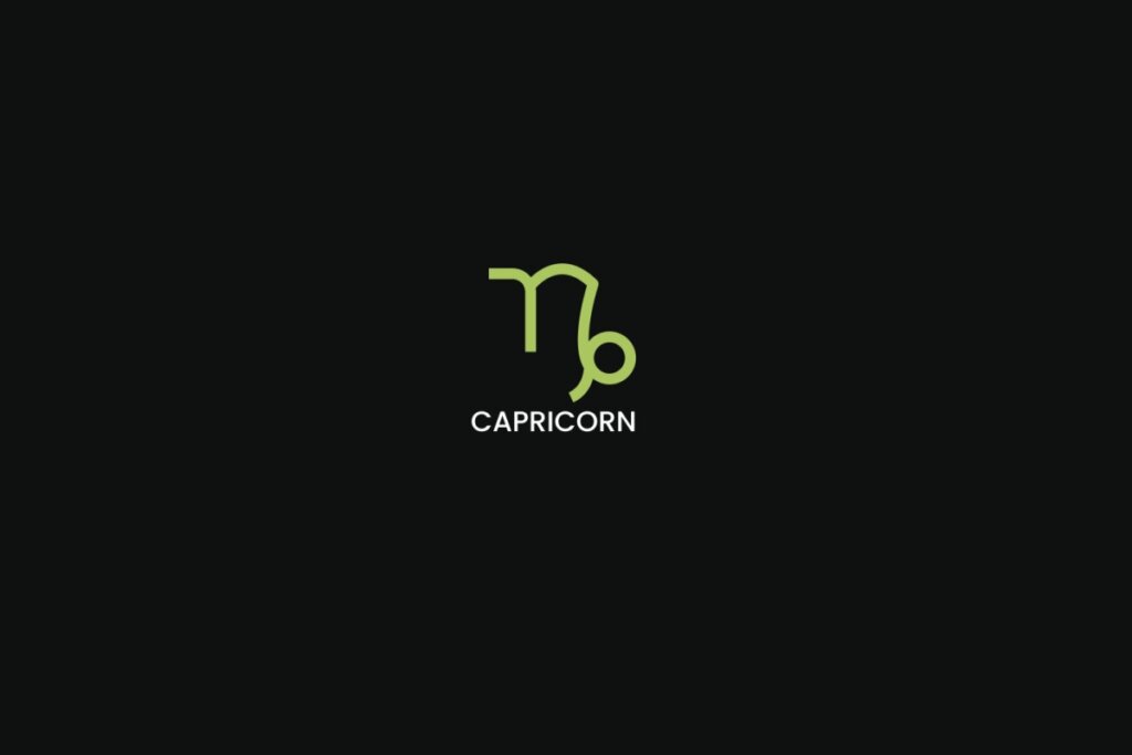 Símbolo do signo de capricórnio na cor verde, com o nome do signo embaixo, centralizado em um fundo preto