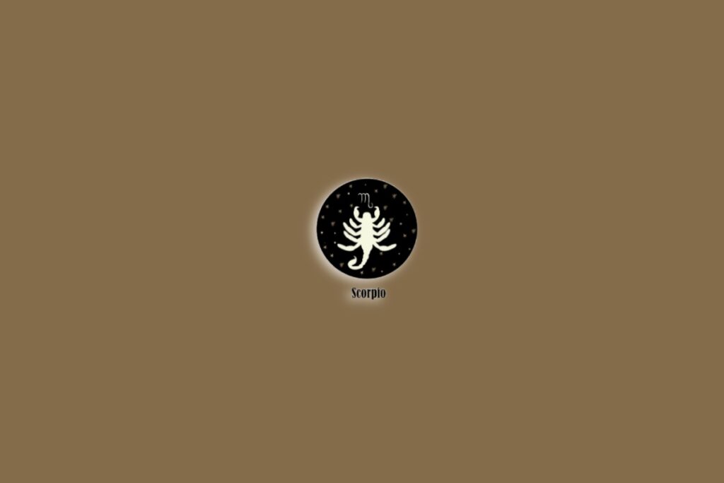Símbolo do signo de Escorpião com a ilustração de um escorpião sobre um fundo marrom