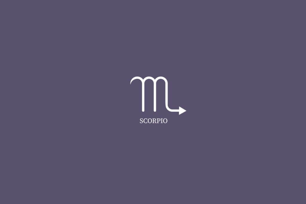 Ilustração do signo de escorpião, na cor branca e com o nome embaixo, centralizado em um fundo roxo