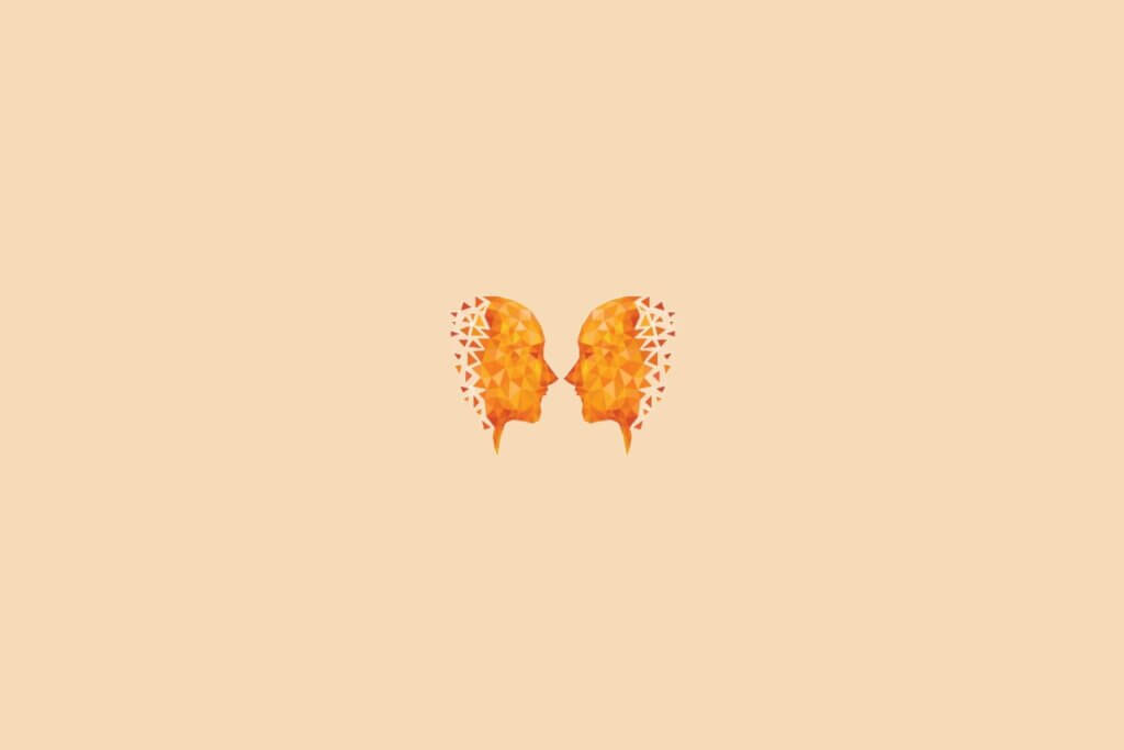 Ilustração do signo de gêmeos, na cor laranja, centralizado em um fundo laranja-claro