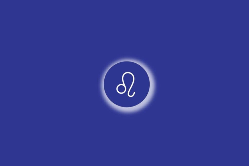 Ilustração do signo de leão em um círculo azul, com luz branca ao redor, sobre um fundo azul