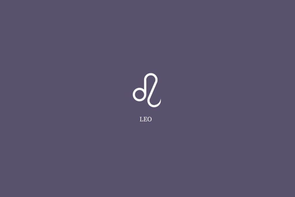 Ilustração do signo de leão, na cor branca e com o nome embaixo, centralizado em um fundo roxo