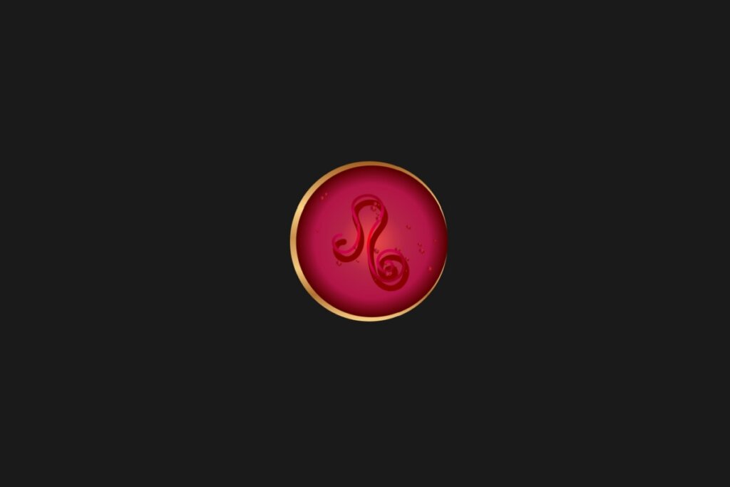 Ilustração do signo de Leão, em um círculo vermelho com borda dourada, sobre um fundo preto