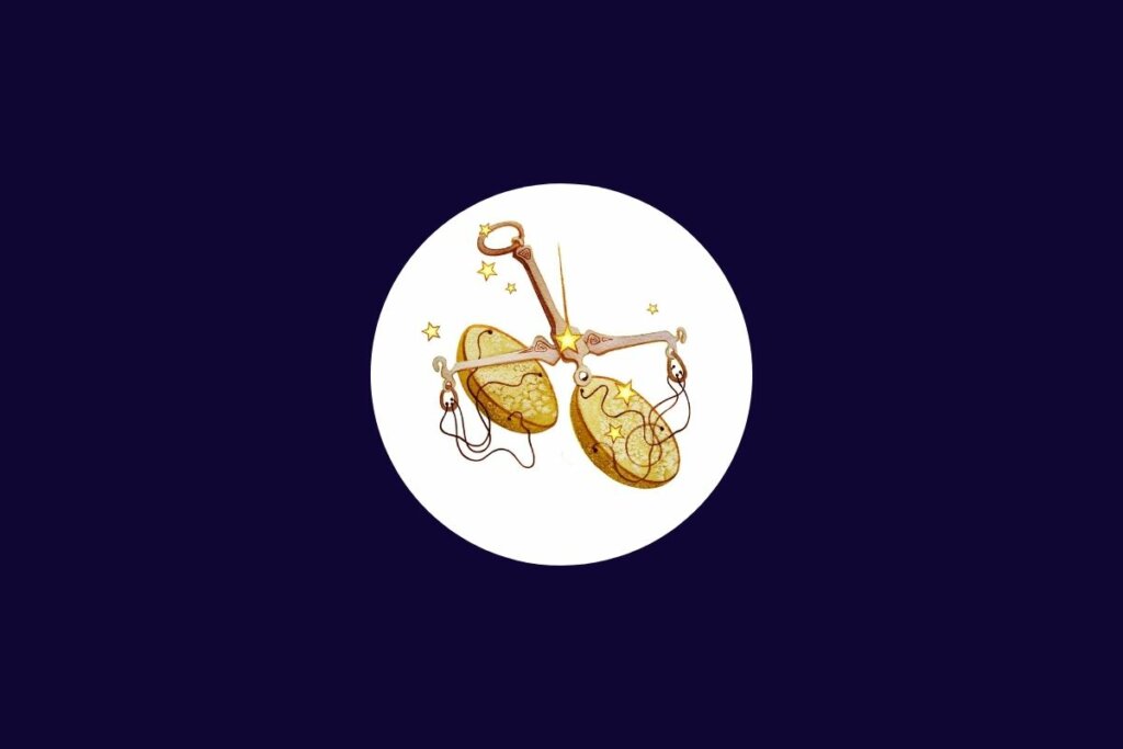 Ilustração do signo de libra em tons de amarelo em um círculo branco sobre um fundo azul-escuro