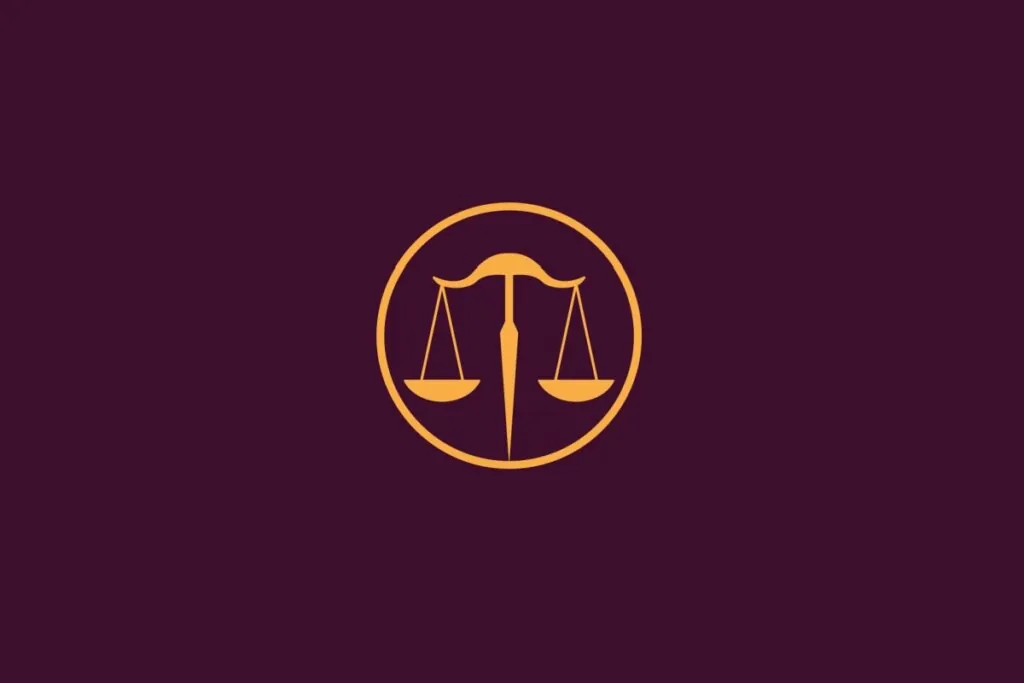 Ilustração em amarelo com fundo roxo do signo de Libra