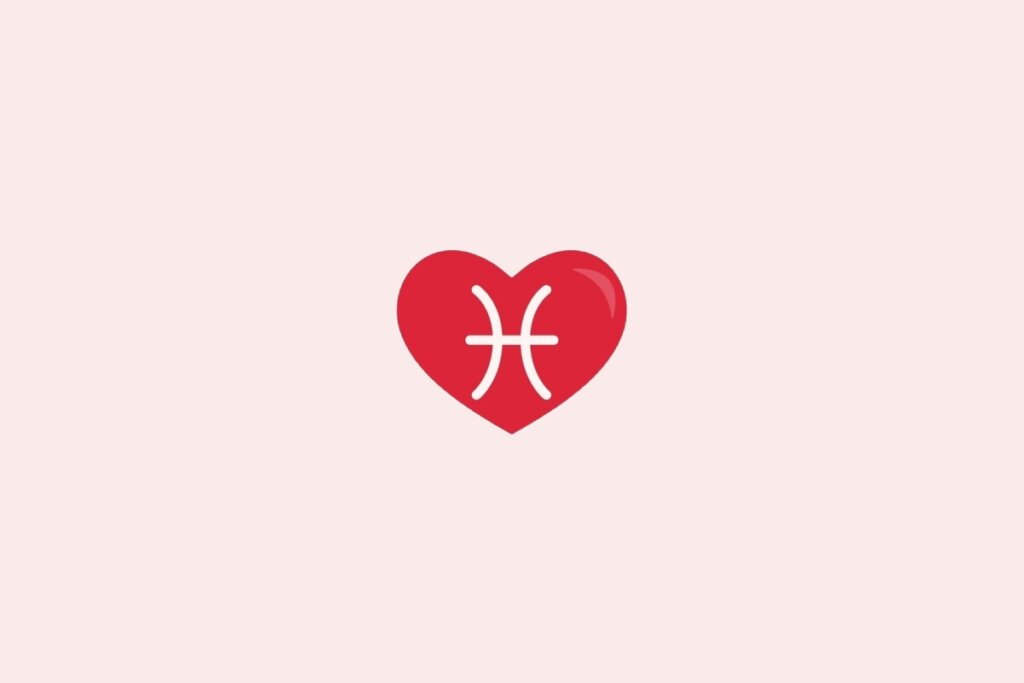 Ilustração do signo de Peixes em um coração vermelho sobre um fundo rosa-claro