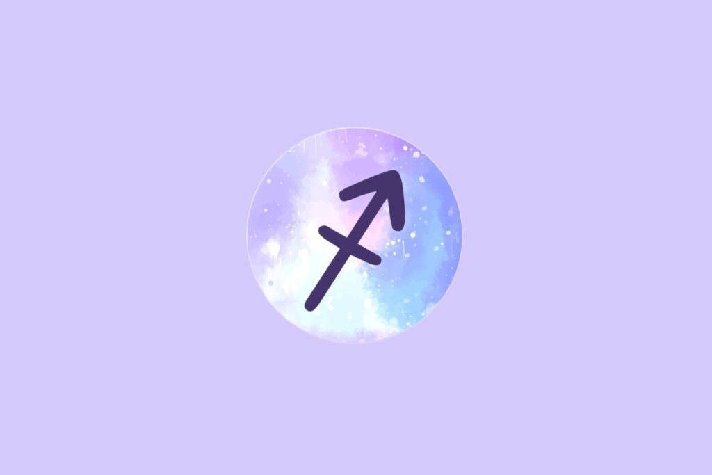 Imagem do signo de Sagitário, com um símbolo que representa uma flecha apontada para cima e para a direita, sobre um fundo em tons suaves de roxo e azul