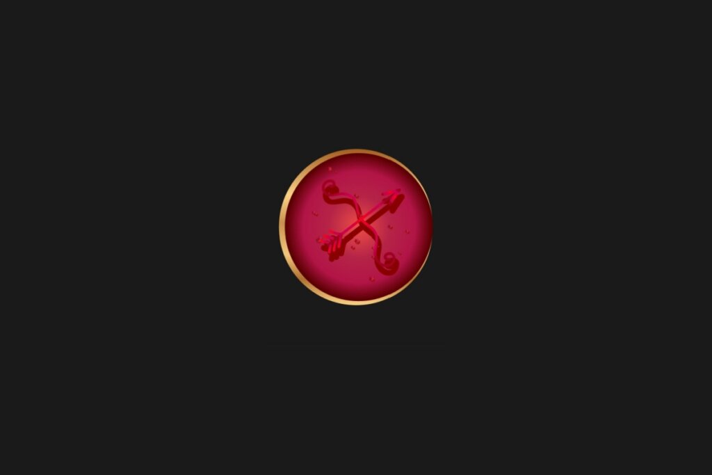 Ilustração do signo de Sagitário, em um círculo vermelho com borda dourada, sobre um fundo preto