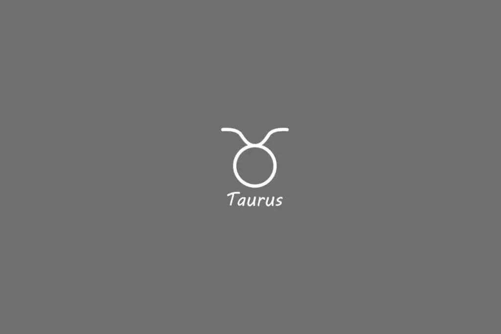 Símbolo do signo de touro, na cor banca, centralizado em um fundo cinza e com o nome embaixo