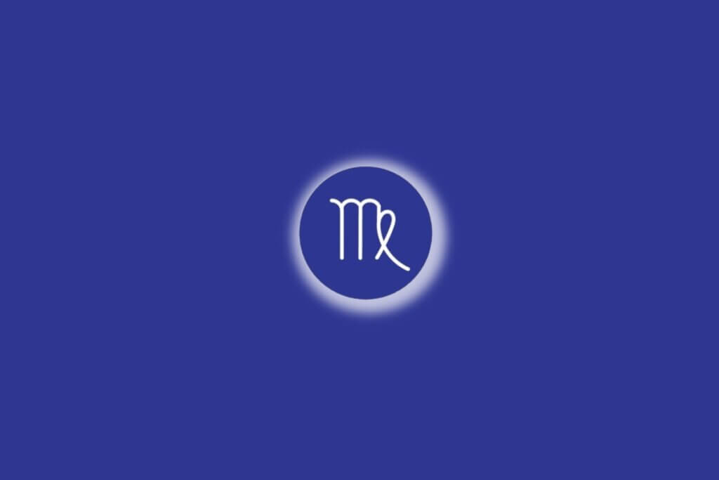 Ilustração do signo de Virgem em um círculo azul, com luz branca ao redor, sobre um fundo azul
