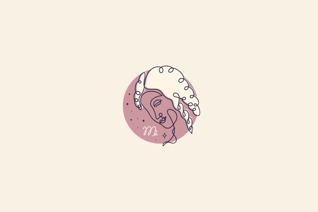 Deseno do rosto de uma mulher dentro de um círculo rosa. Fundo bege e símbolo do signo de virgem acima