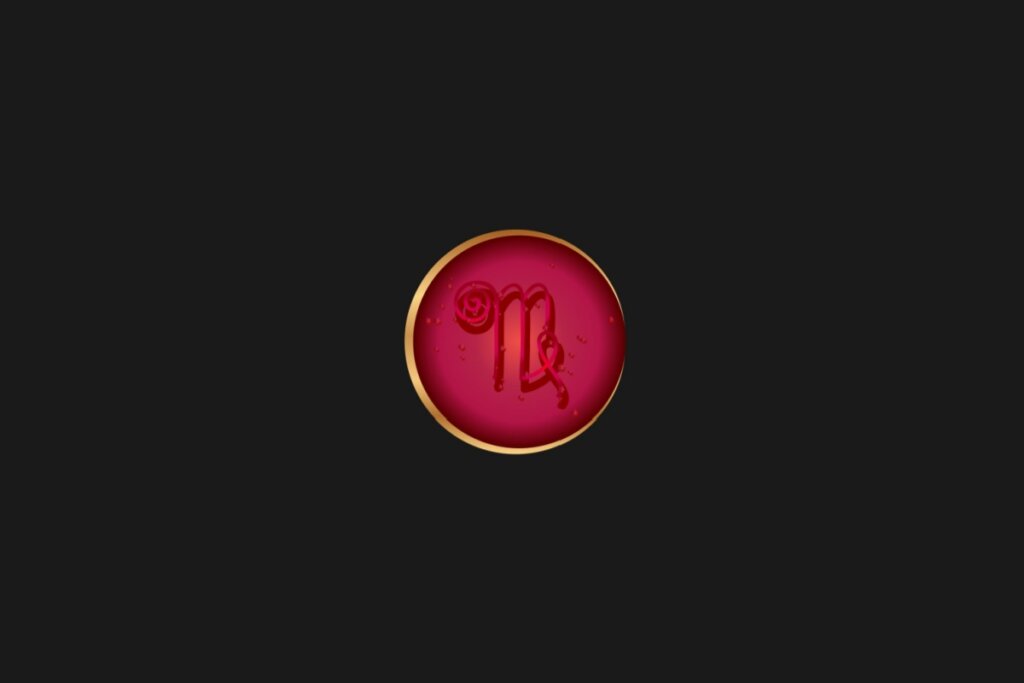Ilustração do signo de virgem, em um círculo vermelho com borda dourada, sobre um fundo preto
