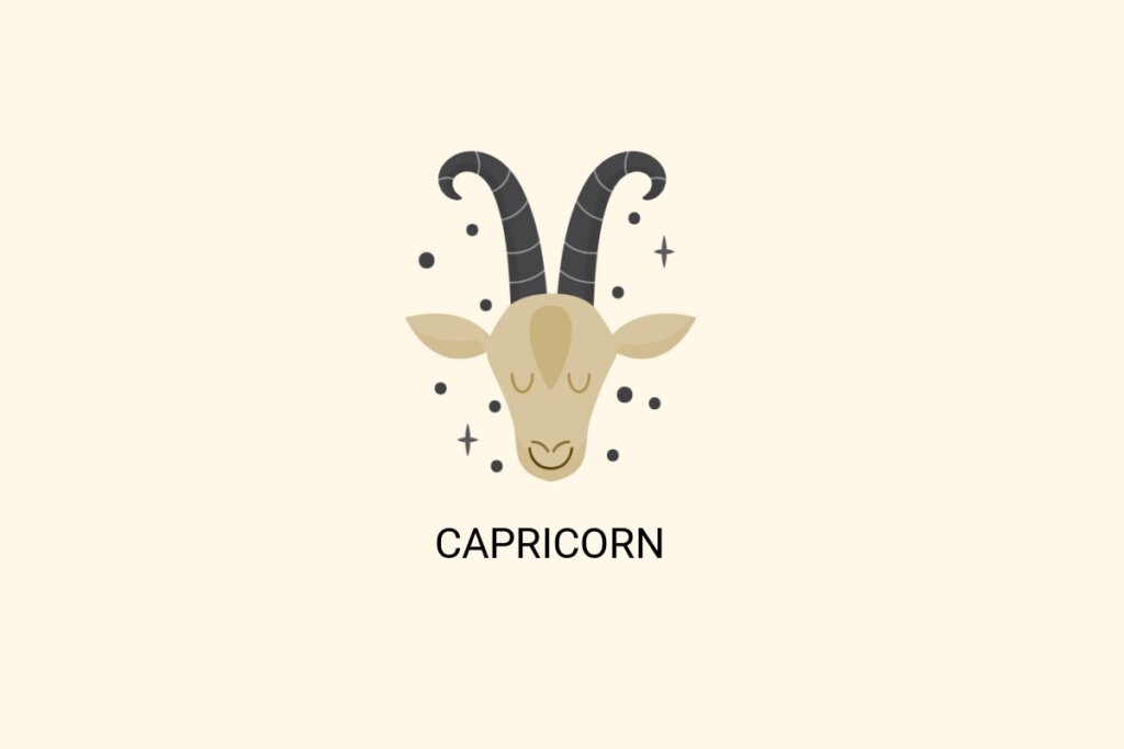 Ilustração do signo de Capricórnio, em fundo bege-claro, contendo a cabeça de uma cabra bege com chifres cinza-escuro e olhos fechados