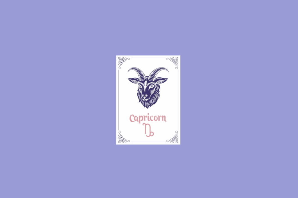 Ilustração do signo de Capricórnio, em fundo lilás, contendo uma carta branca com bordas ornamentadas, a cabeça de uma cabra de chifres longos e barba em roxo-escuro e, abaixo, o nome "Capricorn" e o símbolo do signo em rosa