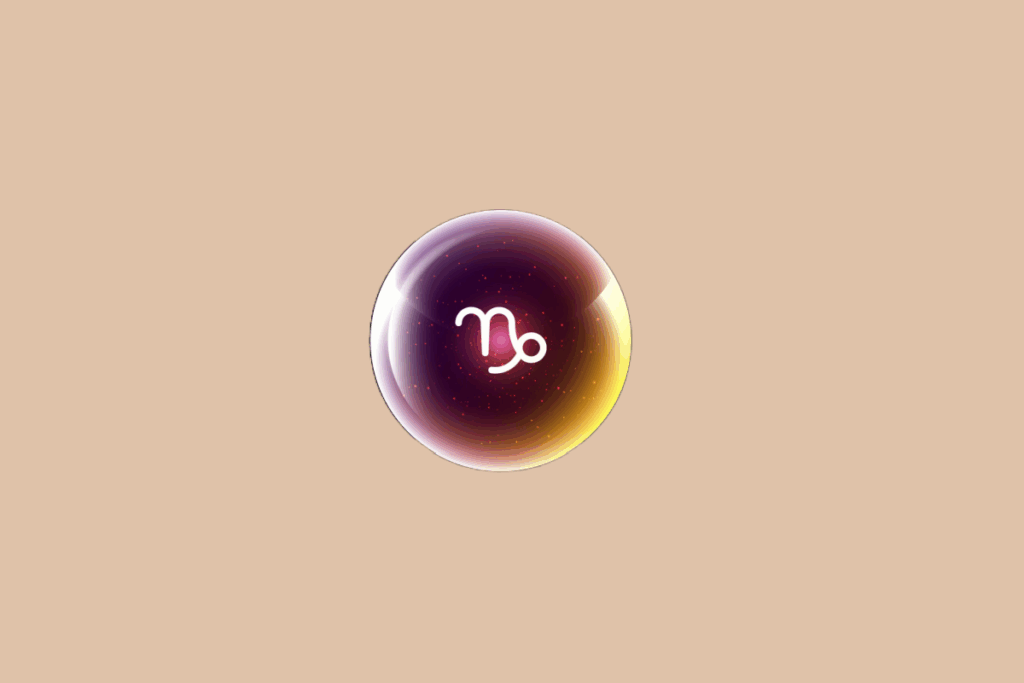Ilustração do signo de Capricórnio, em fundo bege, contendo o símbolo do signo em branco, que une um chifre e uma cauda espiralada, no centro de uma esfera luminosa