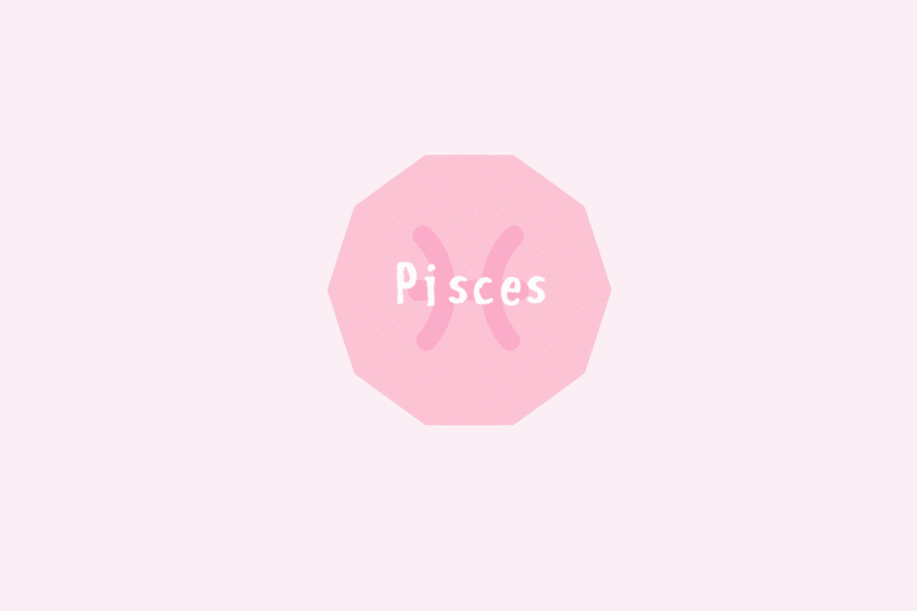 Símbolo do signo de Peixes, dois arcos curvados em sentidos opostos unidos por uma linha central, em rosa sobre um octógono rosa-claro, com o nome "Pisces" escrito ao centro