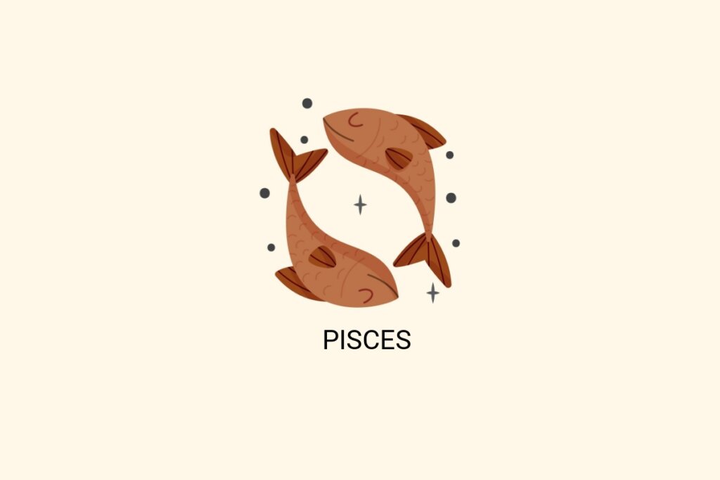 Ilustração do signo de Peixes, em fundo bege-claro, contendo dois peixes marrons dispostos