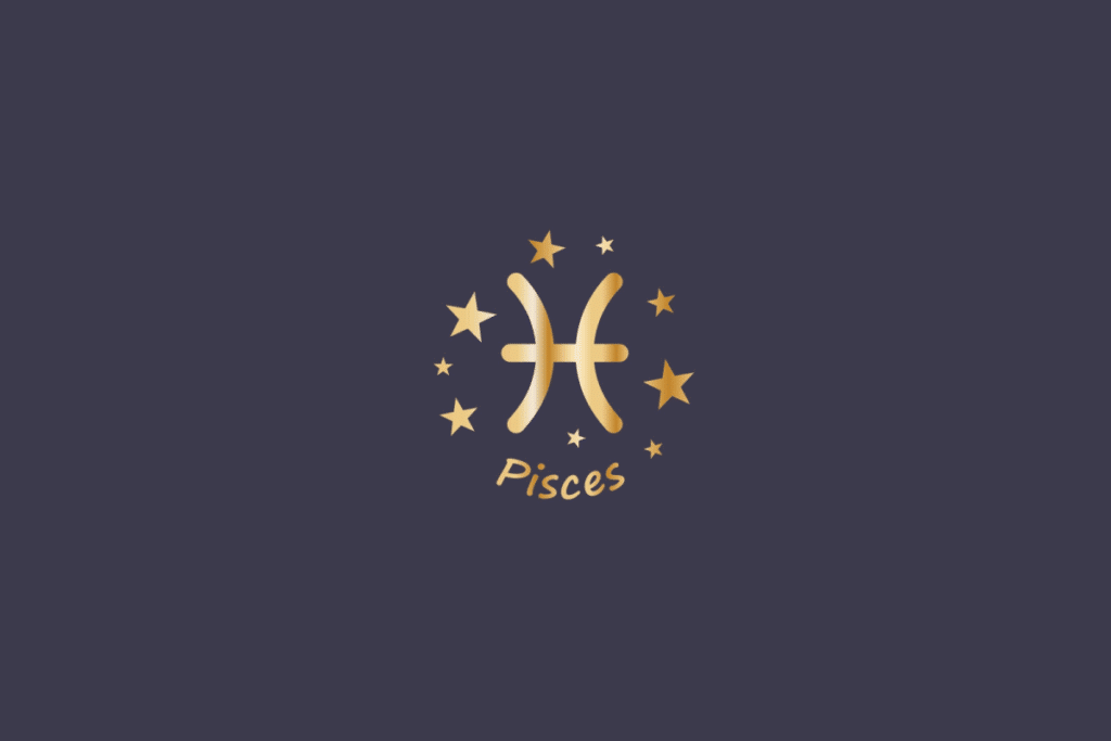 Ilustração do signo de Peixes, em fundo cinza, contendo o símbolo do signo em dourado, formado por dois arcos opostos unidos por uma linha, cercado por estrelas e com o nome "Pisces" abaixo