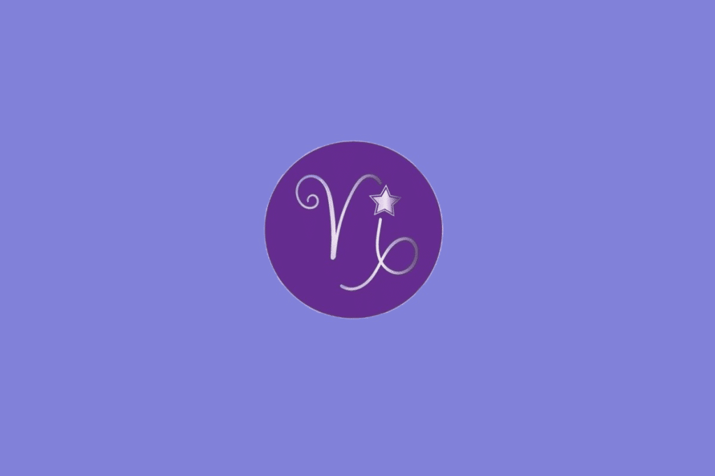 Ilustração do signo de Capricórnio, contendo símbolo com traços curvos e espiral inferior formando estrutura estilizada com estrela, em fundo roxo