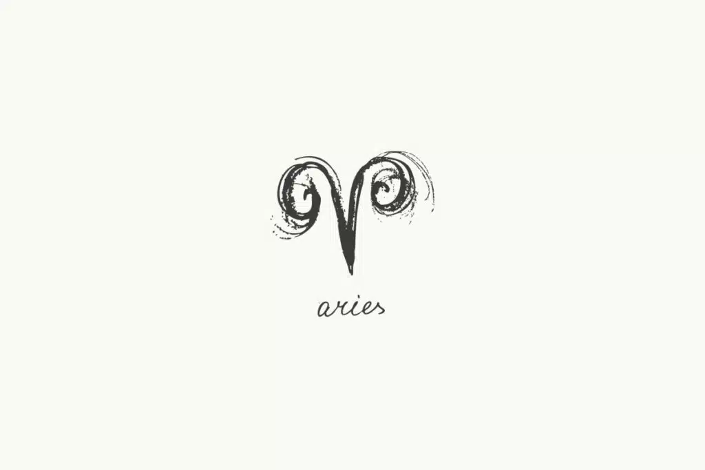 Ilustração do signo de Áries, contendo um traço central que se divide em dois arcos espiralados voltados para fora, lembrando chifres de carneiro, em fundo claro