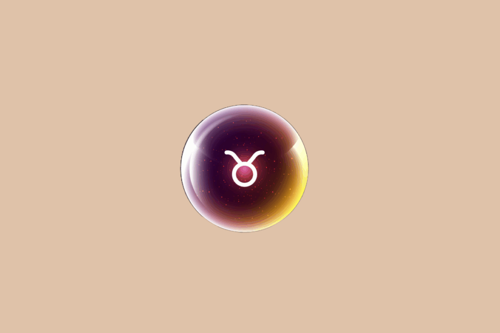 Ilustração do signo de Touro, em fundo bege, contendo o símbolo do signo em branco, em forma de círculo com dois chifres, no centro de uma esfera luminosa