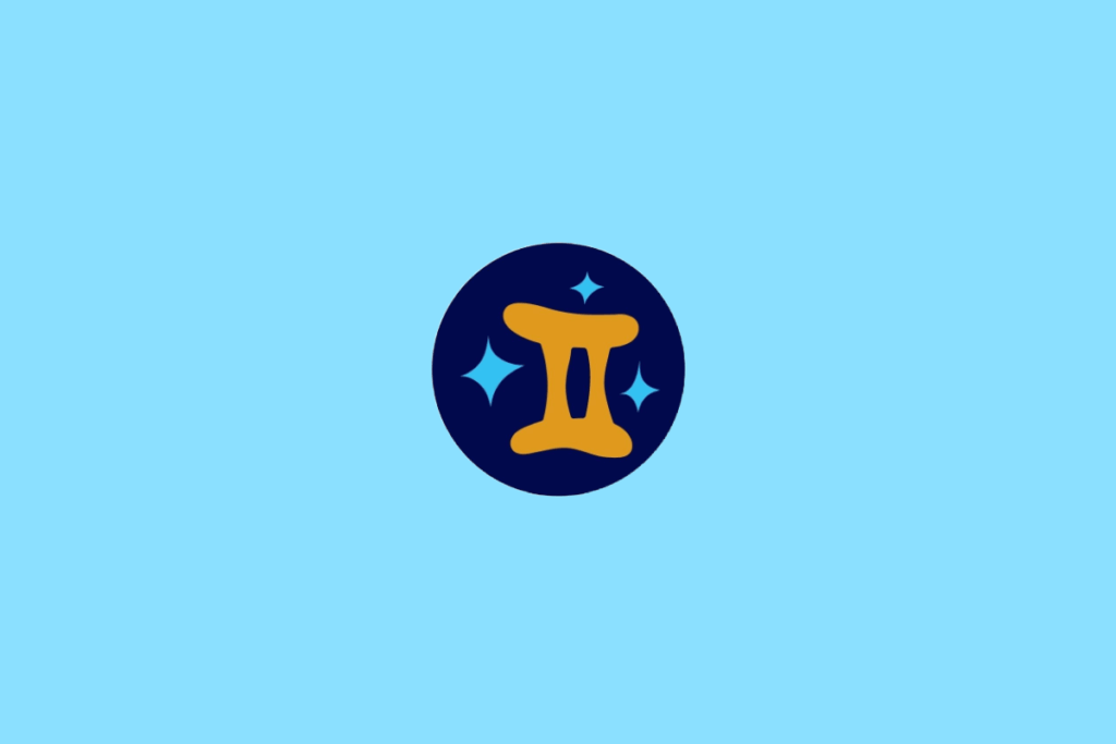 Ilustração do signo de Gêmeos, contendo o símbolo dos gêmeos (dois pilares unidos por traços no topo e na base, semelhante ao numeral romano II), em fundo azul-claro
