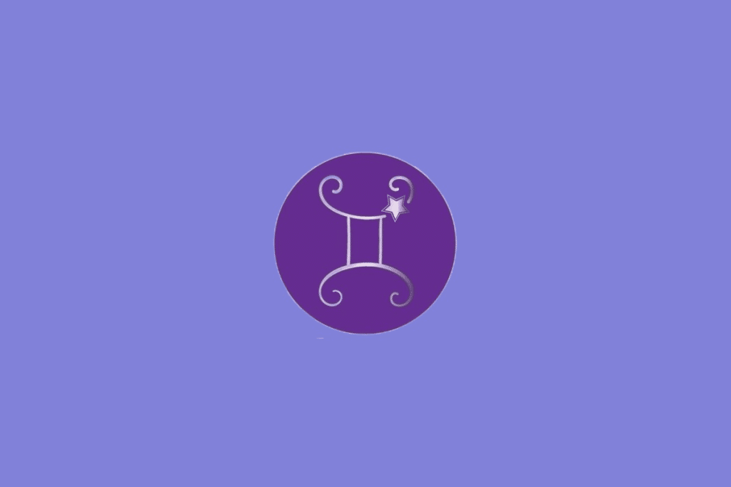 Ilustração do signo de Gêmeos, contendo símbolo de duas linhas paralelas com curvas e estrela ao lado, em fundo roxo