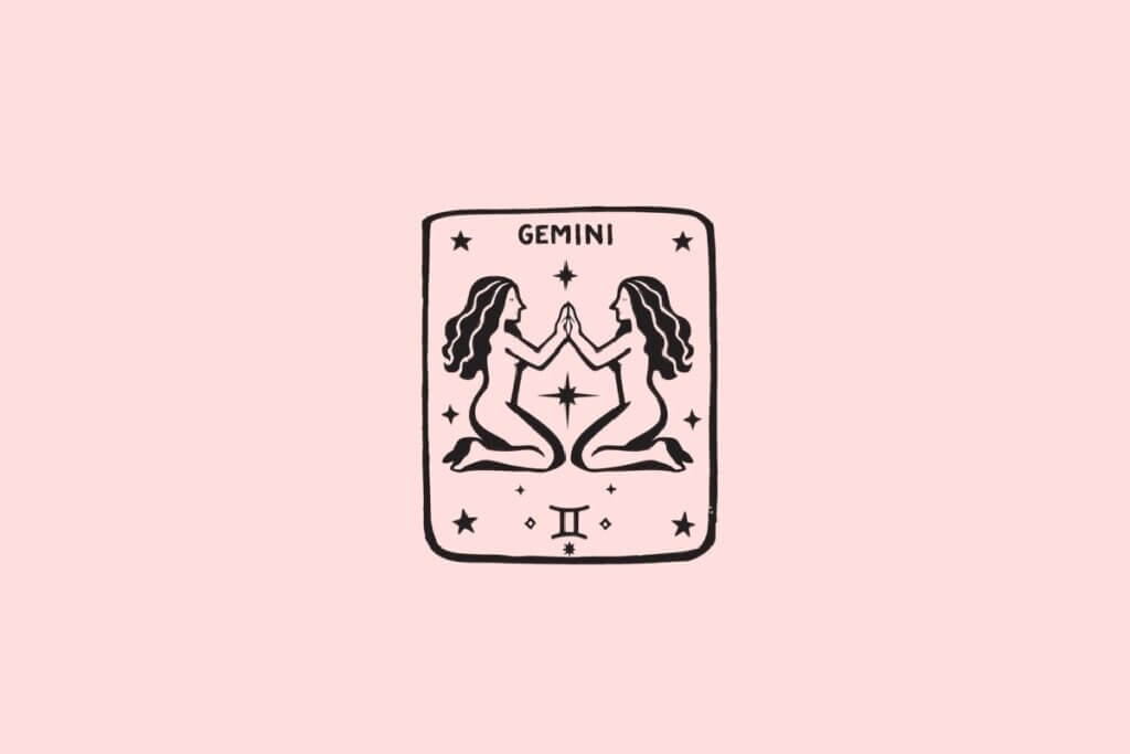 Ilustração do signo de Gêmeos, contendo duas figuras femininas espelhadas se tocando com as mãos e uma estrela central, em fundo rosa-claro