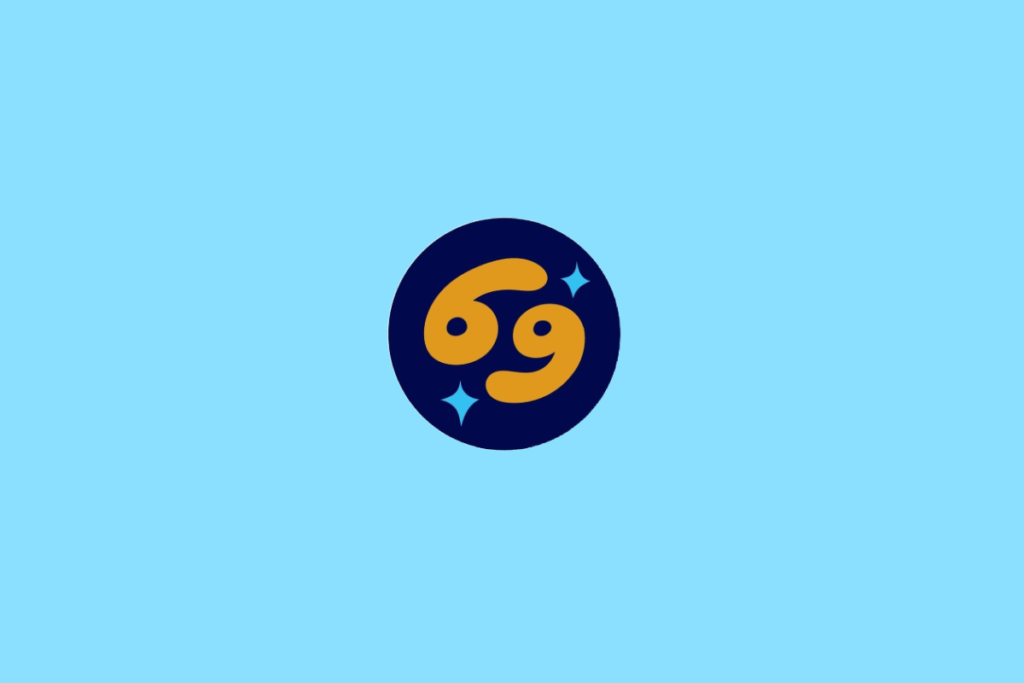 Ilustração do signo de Câncer, contendo o símbolo do caranguejo (dois círculos com caudas entrelaçadas, semelhante ao número 69), em fundo azul-claro