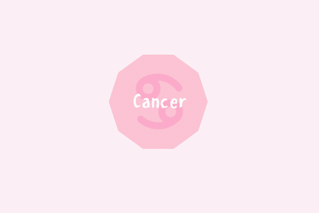 Símbolo do signo de Câncer, formado por dois círculos com caudas curvadas em sentidos opostos, em rosa sobre um octógono rosa-claro, com o nome "Cancer" escrito ao centro