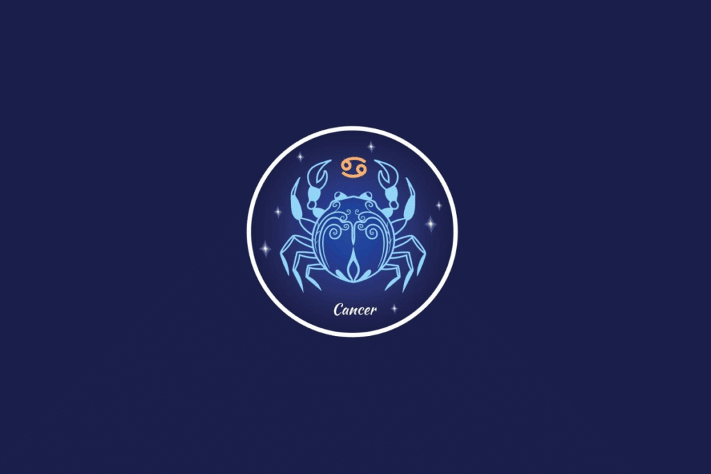 Ilustração do signo de Câncer, contendo um caranguejo de pinças abertas e o símbolo do signo em laranja, dentro de um círculo estrelado, em fundo azul-escuro