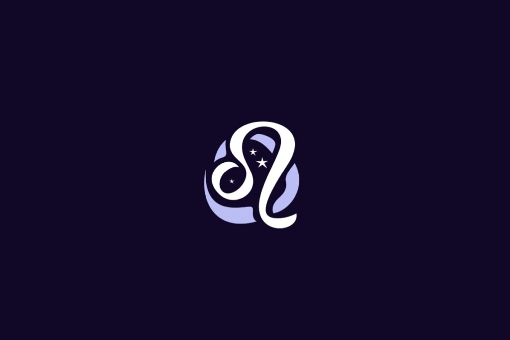 Ilustração do signo de Leão, com símbolo em forma de curva alongada que lembra uma cauda ou juba, acompanhado por duas estrelas, em fundo roxo-escuro