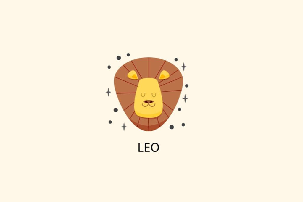 Ilustração do signo de Leão, em fundo bege-claro, contendo a face de um leão amarelo com juba marrom em formato de escudo