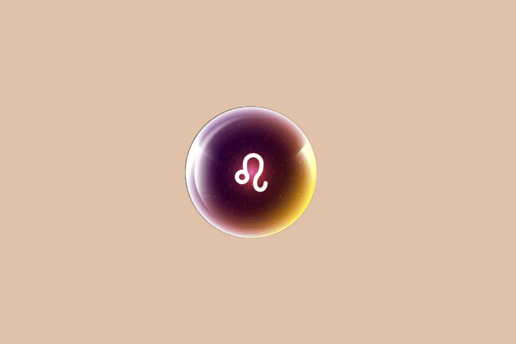 Ilustração do signo de Leão, em fundo bege, contendo o símbolo do signo em branco, em forma de círculo com uma cauda curva, no centro de uma esfera luminosa