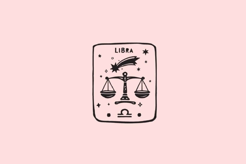 Ilustração do signo de Libra, contendo uma balança equilibrada com estrela cadente e estrelas ao redor, em fundo rosa-claro