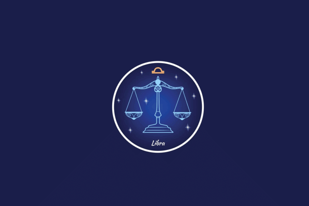 Ilustração do signo de Libra, contendo uma balança de dois pratos e o símbolo do signo em laranja, dentro de um círculo estrelado, em fundo azul-escuro