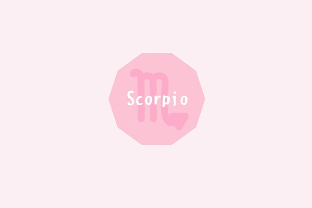 Símbolo do signo de Escorpião, semelhante à letra "M" com uma seta na cauda, em rosa sobre um octógono rosa-claro, com o nome "Scorpio" escrito ao centro
