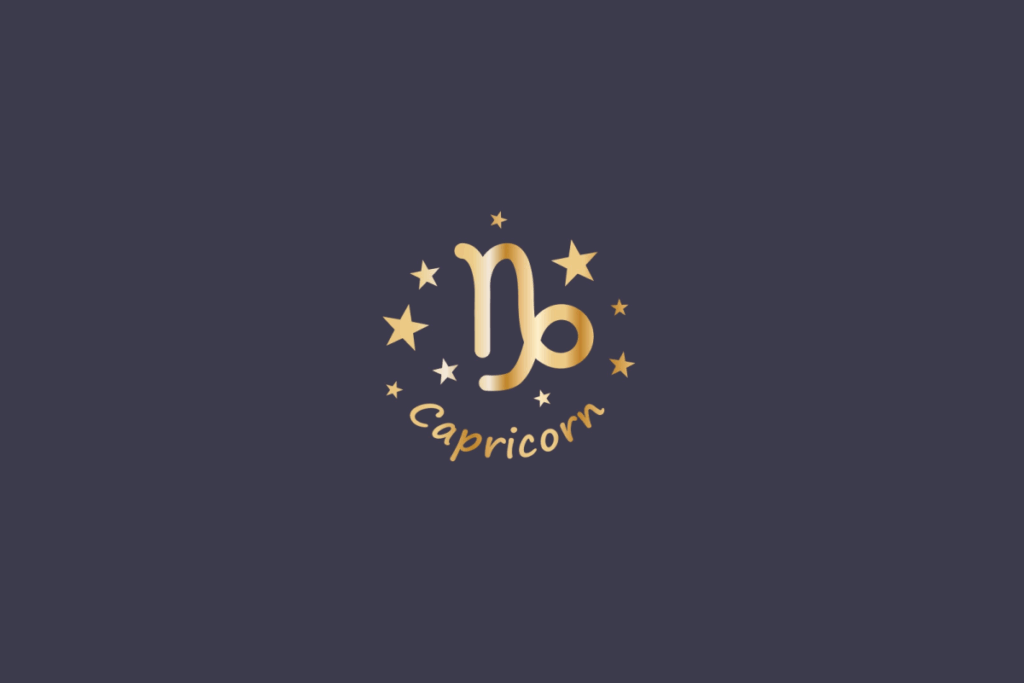 Ilustração do signo de Capricórnio, em fundo cinza, contendo o símbolo do signo em dourado, que une os traços de um chifre e uma cauda espiralada, cercado por estrelas e com o nome "Capricorn" abaixo