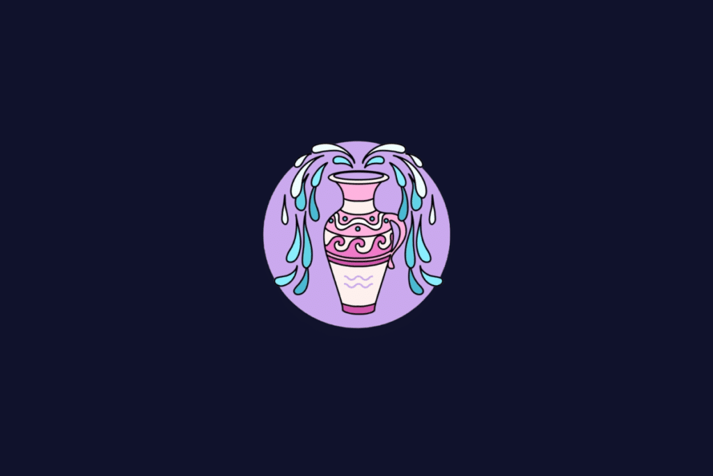 Ilustração do signo de Aquário, mostrando um vaso rosa estilizado derramando água azul, dentro de um círculo lilás.